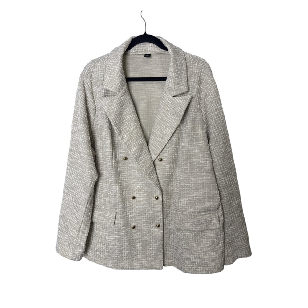 SHEIN Curve Double-Breasted Tweed Blazer Beige White Size 2XL NWOT Shimmer Butto